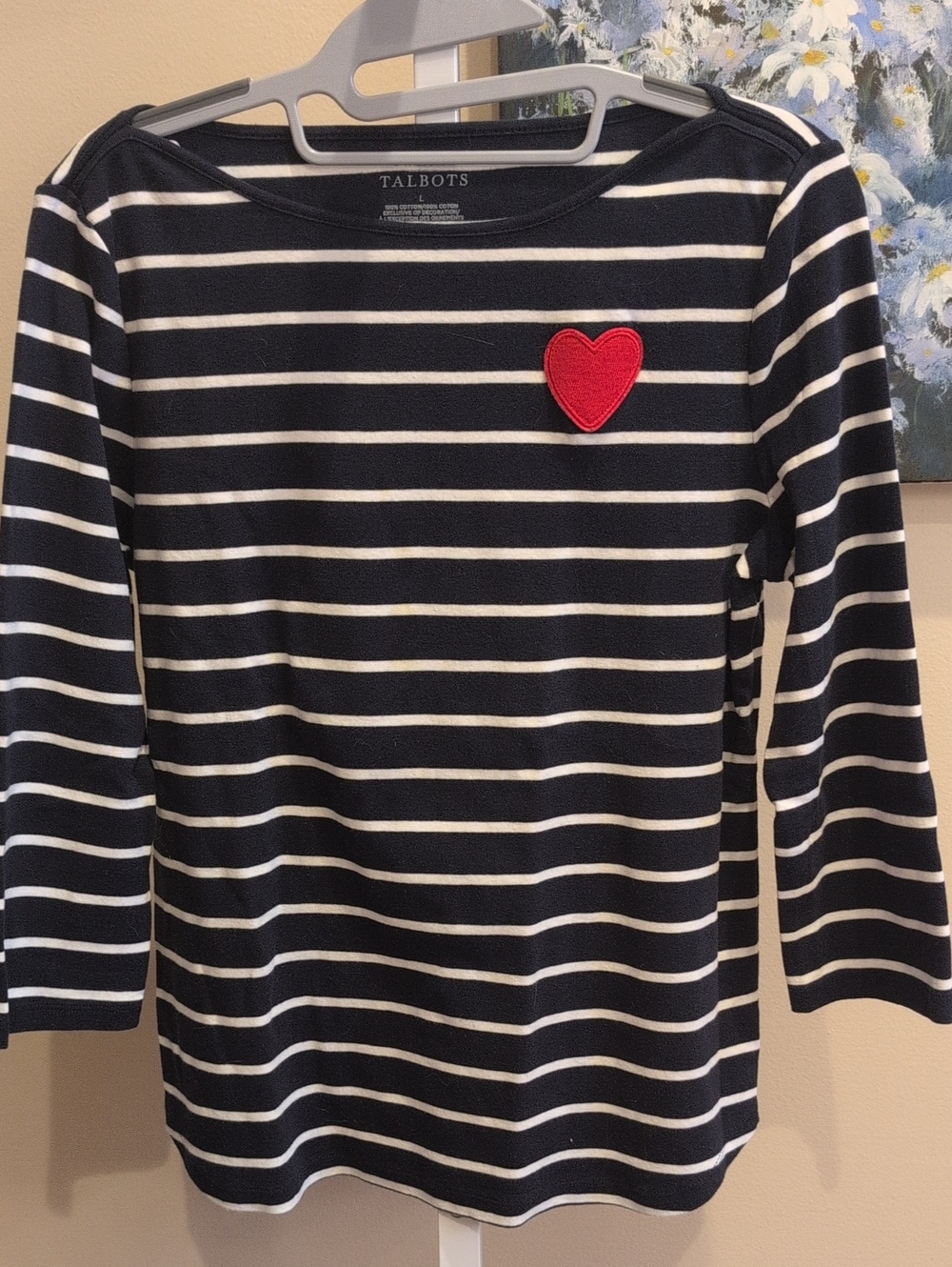 Talbots Women's' Navy & White Stripe Top with Red Heart Patch